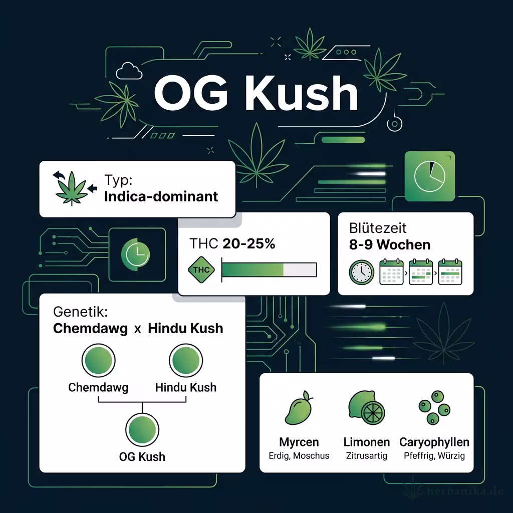 Infografik mit OG-Kush Key Facts: Typ Indica-dominant, THC 20-25%, Bluetezeit 8-9 Wochen, Genetik Chemdawg x Lemon Thai x Hindu Kush und Terpene Myrcen, Limonen, Caryophyllen