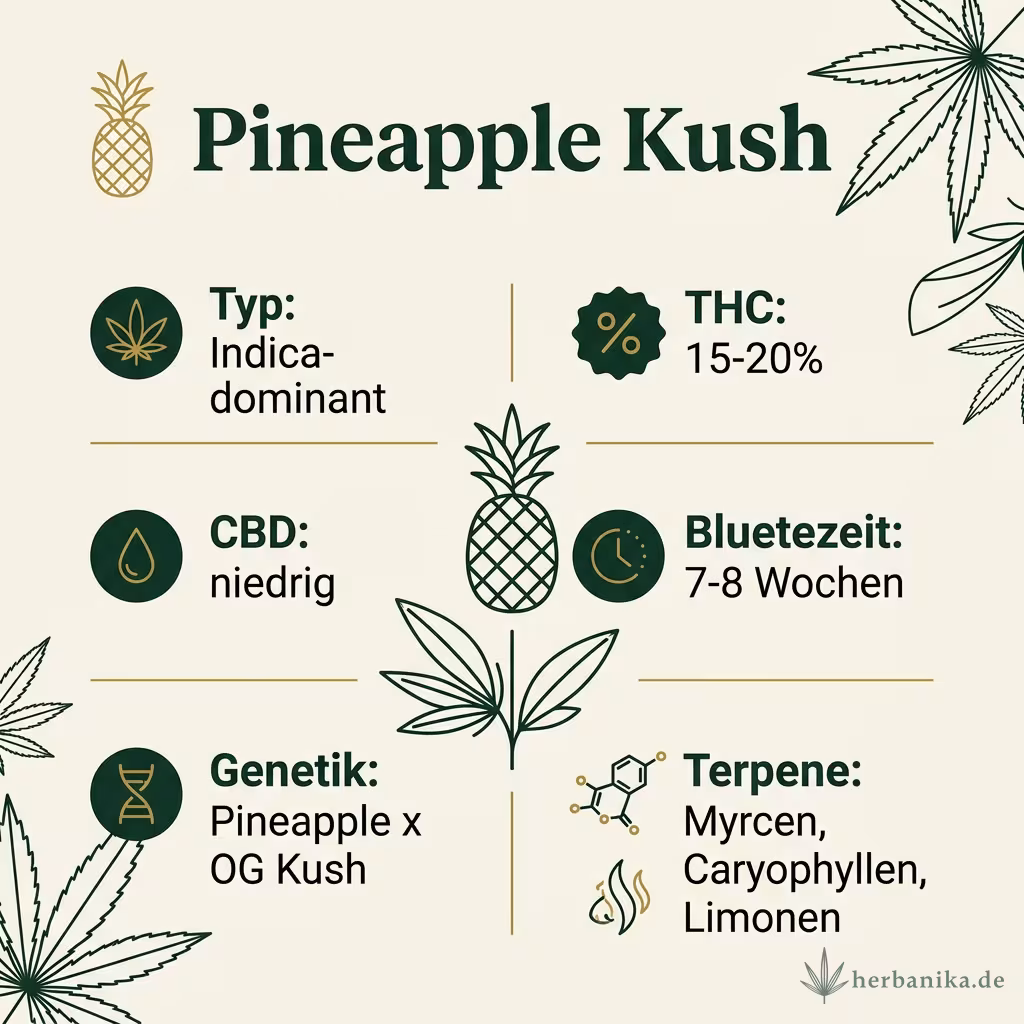 Infografik mit Pineapple-Kush Key Facts: Typ Indica-dominant, THC 15-18%, Bluetezeit 8 Wochen, Genetik Pineapple x OG Kush und Terpene Myrcen, Caryophyllen, Pinen