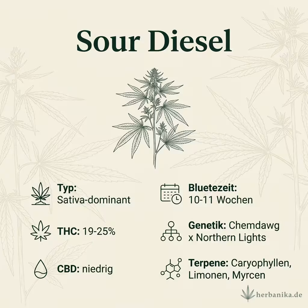 Infografik mit Sour-Diesel Key Facts: Typ Sativa-dominant, THC 19-25%, Bluetezeit 10-11 Wochen, Genetik Chemdawg x Super Skunk und Terpene Caryophyllen, Limonen, Myrcen