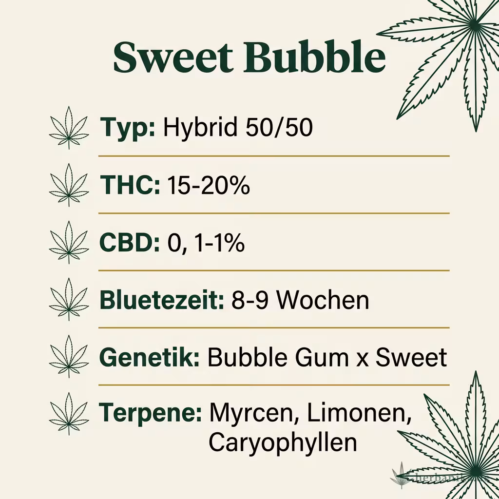 Infografik mit Sweet-Bubble Key Facts: Typ Indica-dominant, THC 16-19%, Bluetezeit 8-9 Wochen, Genetik Bubble-Gum-Linie und Terpene Myrcen, Caryophyllen, Limonen