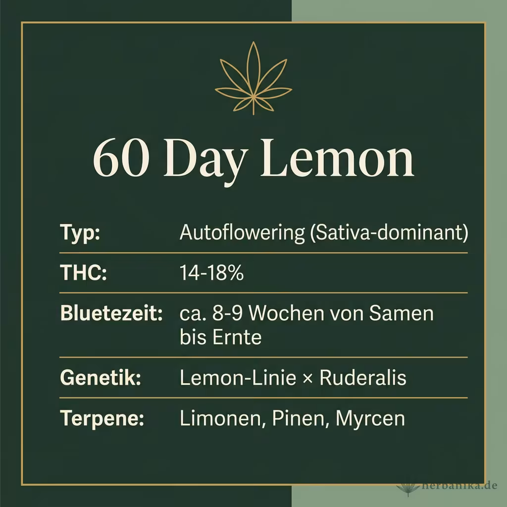 Infografik mit 60 Day Lemon Key Facts: Typ Autoflowering (Sativa-dominant), THC 14-18%, Bluetezeit ca. 8-9 Wochen von Samen bis Ernte, Genetik Lemon-Linie × Ruderalis und Terpene Limonen, Pinen, Myrcen