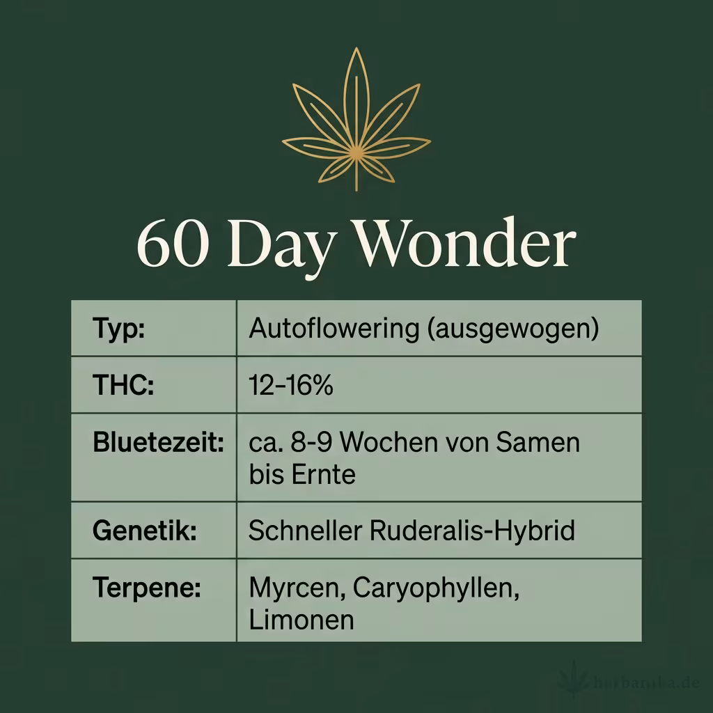 Infografik mit 60 Day Wonder Key Facts: Typ Autoflowering (ausgewogen), THC 12-16%, Bluetezeit ca. 8-9 Wochen von Samen bis Ernte, Genetik Schneller Ruderalis-Hybrid und Terpene Myrcen, Caryophyllen, Limonen