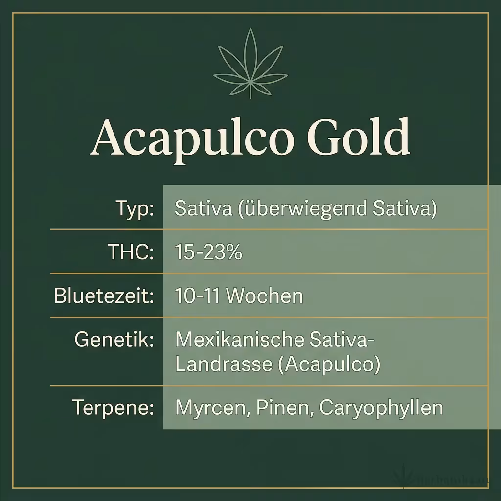 Infografik mit Acapulco-Gold Key Facts: Typ Sativa, THC 15-23%, Bluetezeit 10-11 Wochen, Genetik mexikanische Sativa-Landrasse und Terpene Myrcen, Pinen, Caryophyllen