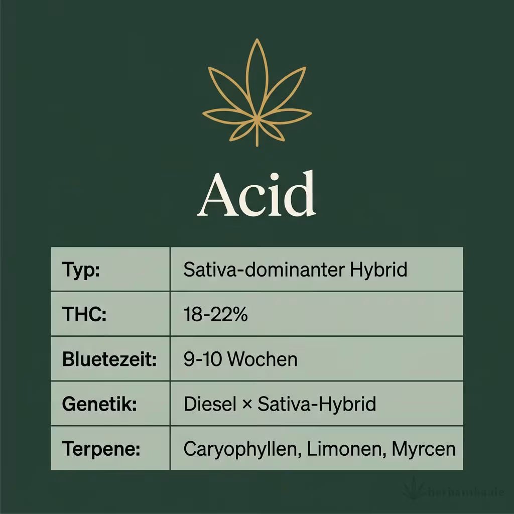 Infografik mit Acid Key Facts: Typ Sativa-dominanter Hybrid, THC 18-22%, Bluetezeit 9-10 Wochen, Genetik Diesel × Sativa-Hybrid und Terpene Caryophyllen, Limonen, Myrcen