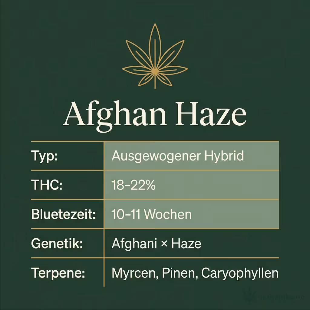 Infografik mit Afghan Haze Key Facts: Typ Ausgewogener Hybrid, THC 18-22%, Bluetezeit 10-11 Wochen, Genetik Afghani × Haze und Terpene Myrcen, Pinen, Caryophyllen