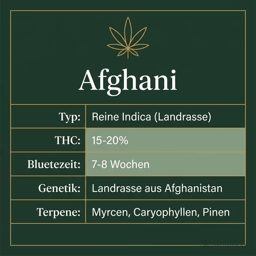 Infografik mit Afghani Key Facts: Typ reine Indica, THC 15-20%, Bluetezeit 7-8 Wochen, Genetik afghanische Landrasse und Terpene Myrcen, Caryophyllen, Pinen