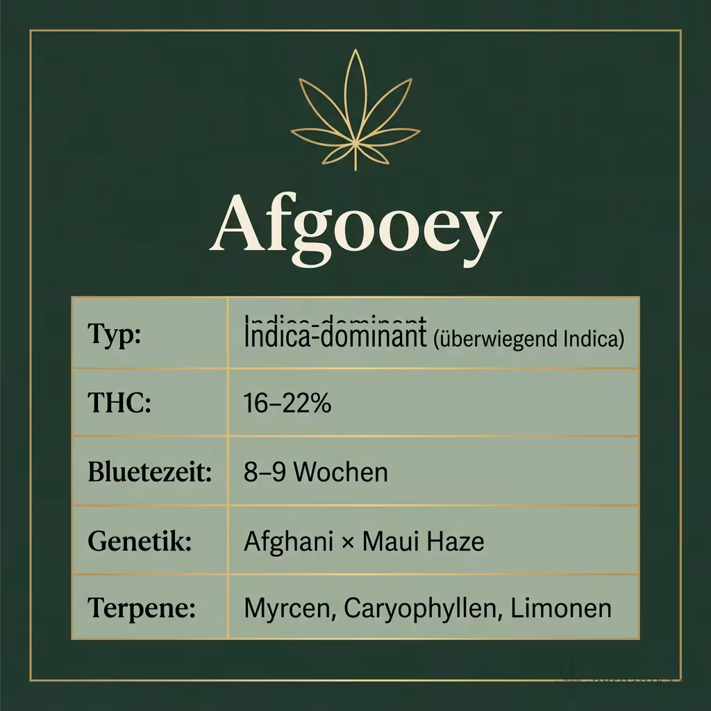 Infografik mit Afgooey Key Facts: Typ Indica-dominant (überwiegend Indica), THC 16-22%, Bluetezeit 8-9 Wochen, Genetik Afghani × Maui Haze und Terpene Myrcen, Caryophyllen, Limonen