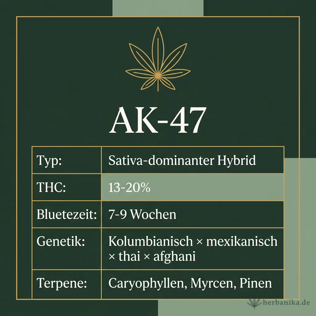 Infografik mit AK-47 Key Facts: Typ Sativa-dominant, THC 13-20%, Bluetezeit 7-9 Wochen, Genetik kolumbianisch x mexikanisch x thai x afghani und Terpene Caryophyllen, Myrcen, Pinen