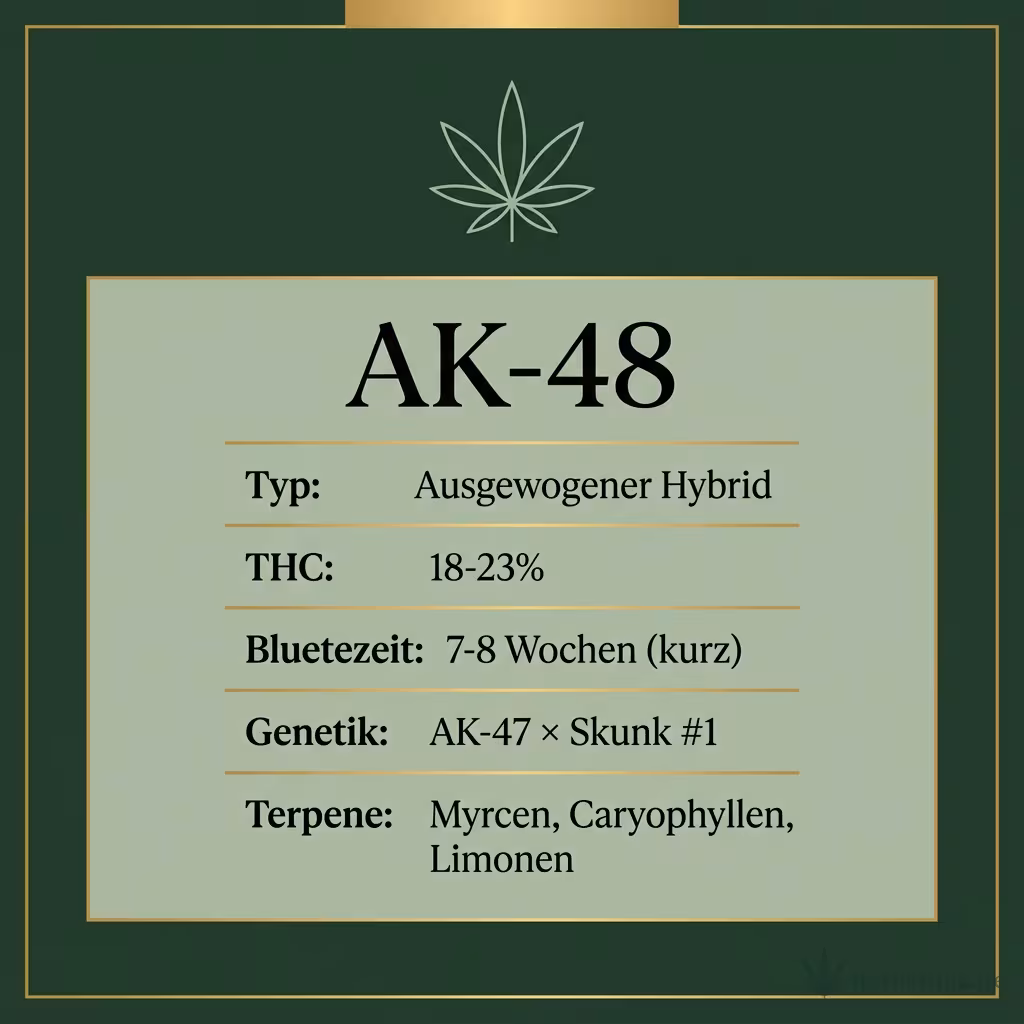 Infografik mit AK-48 Key Facts: Typ Ausgewogener Hybrid, THC 18-23%, Bluetezeit 7-8 Wochen (kurz), Genetik AK-47 × Skunk #1 und Terpene Myrcen, Caryophyllen, Limonen