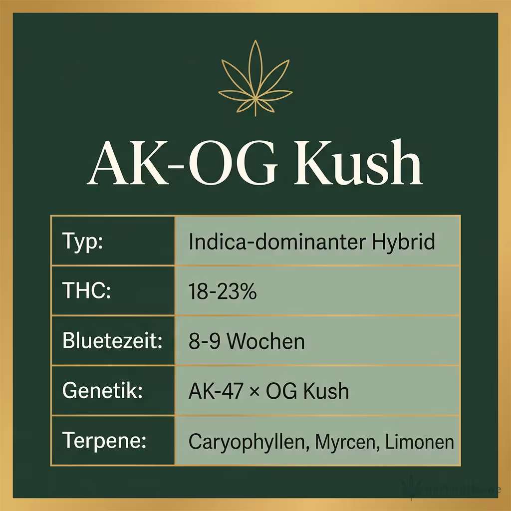 Infografik mit AK-OG Kush Key Facts: Typ Indica-dominanter Hybrid, THC 18-23%, Bluetezeit 8-9 Wochen, Genetik AK-47 × OG Kush und Terpene Caryophyllen, Myrcen, Limonen