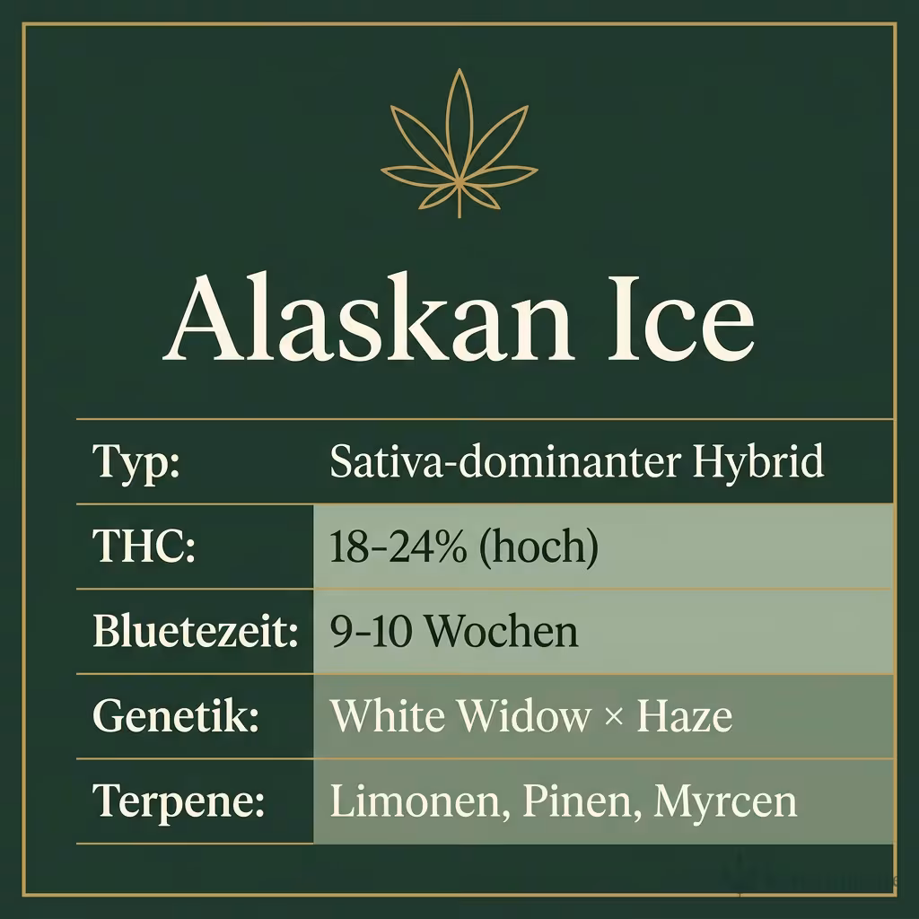Infografik mit Alaskan Ice Key Facts: Typ Sativa-dominanter Hybrid, THC 18-24% (hoch), Bluetezeit 9-10 Wochen, Genetik White Widow × Haze und Terpene Limonen, Pinen, Myrcen