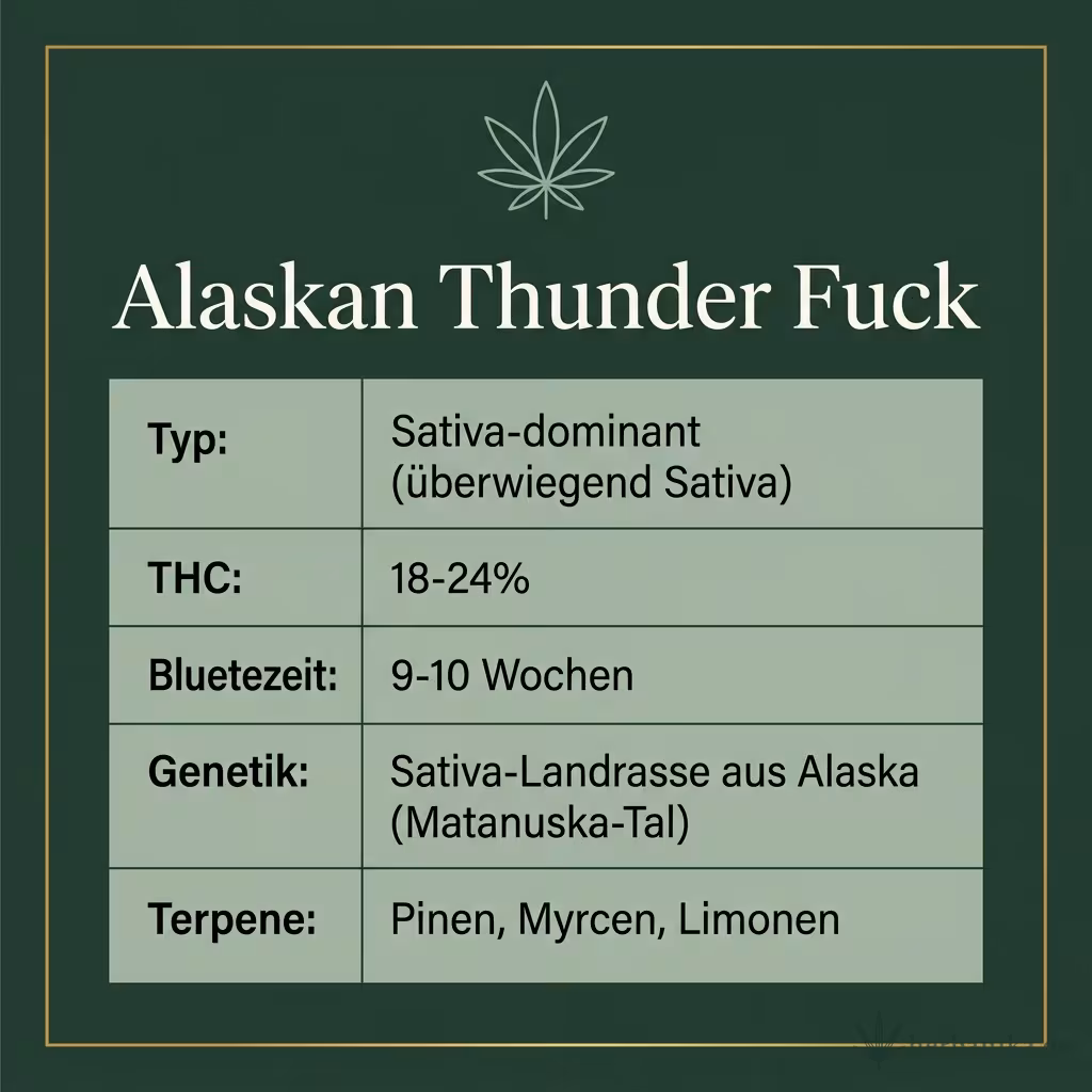 Infografik mit Alaskan Thunder Fuck Key Facts: Typ Sativa-dominant (überwiegend Sativa), THC 18-24%, Bluetezeit 9-10 Wochen, Genetik Sativa-Landrasse aus Alaska (Matanuska-Tal) und Terpene Pinen, Myrcen, Limonen