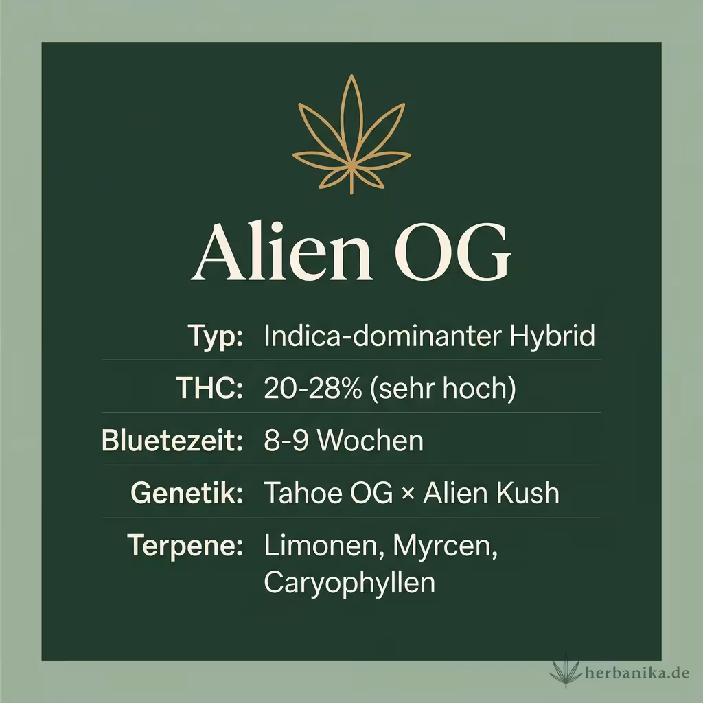 Infografik mit Alien-OG Key Facts: Typ Indica-dominant, THC 20-28%, Bluetezeit 8-9 Wochen, Genetik Tahoe OG x Alien Kush und Terpene Limonen, Myrcen, Caryophyllen