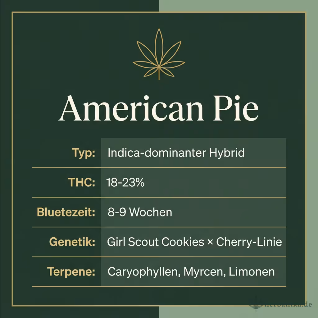 Infografik mit American Pie Key Facts: Typ Indica-dominanter Hybrid, THC 18-23%, Bluetezeit 8-9 Wochen, Genetik Girl Scout Cookies × Cherry-Linie und Terpene Caryophyllen, Myrcen, Limonen