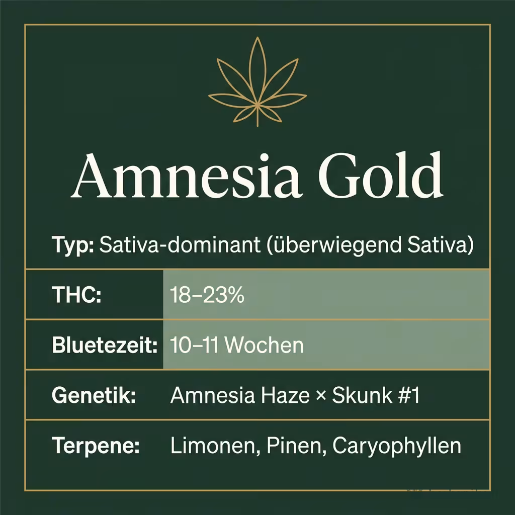 Infografik mit Amnesia Gold Key Facts: Typ Sativa-dominant (überwiegend Sativa), THC 18-23%, Bluetezeit 10-11 Wochen, Genetik Amnesia Haze × Skunk #1 und Terpene Limonen, Pinen, Caryophyllen