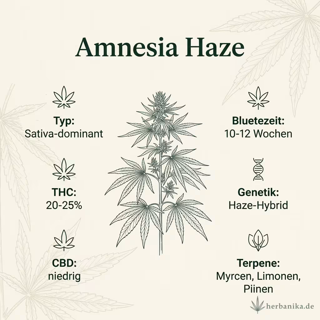 Infografik mit Amnesia-Haze Key Facts: Typ Sativa-dominant, THC 20-25%, Bluetezeit 10-12 Wochen, Genetik Haze-Hybrid und Terpene Myrcen, Limonen, Pinen
