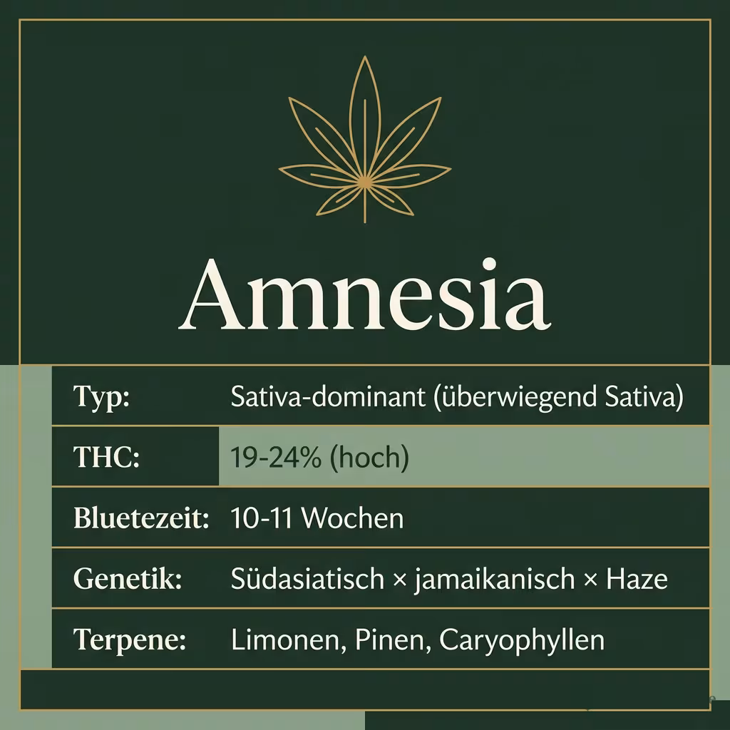 Infografik mit Amnesia Key Facts: Typ Sativa-dominant (überwiegend Sativa), THC 19-24% (hoch), Bluetezeit 10-11 Wochen, Genetik Südasiatisch × jamaikanisch × Haze und Terpene Limonen, Pinen, Caryophyllen