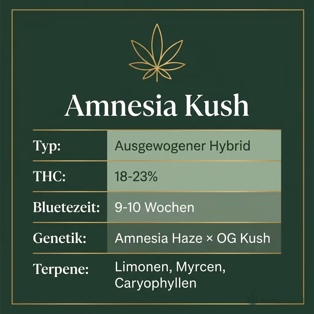 Infografik mit Amnesia Kush Key Facts: Typ Ausgewogener Hybrid, THC 18-23%, Bluetezeit 9-10 Wochen, Genetik Amnesia Haze × OG Kush und Terpene Limonen, Myrcen, Caryophyllen