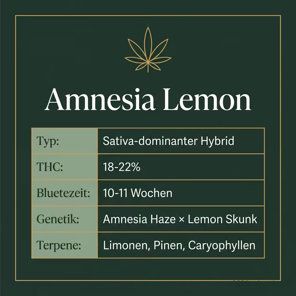 Infografik mit Amnesia Lemon Key Facts: Typ Sativa-dominanter Hybrid, THC 18-22%, Bluetezeit 10-11 Wochen, Genetik Amnesia Haze × Lemon Skunk und Terpene Limonen, Pinen, Caryophyllen