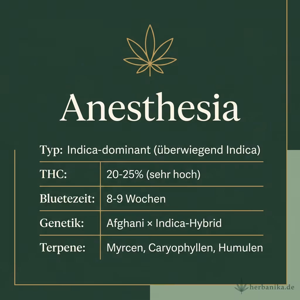 Infografik mit Anesthesia Key Facts: Typ Indica-dominant (überwiegend Indica), THC 20-25% (sehr hoch), Bluetezeit 8-9 Wochen, Genetik Afghani × Indica-Hybrid und Terpene Myrcen, Caryophyllen, Humulen