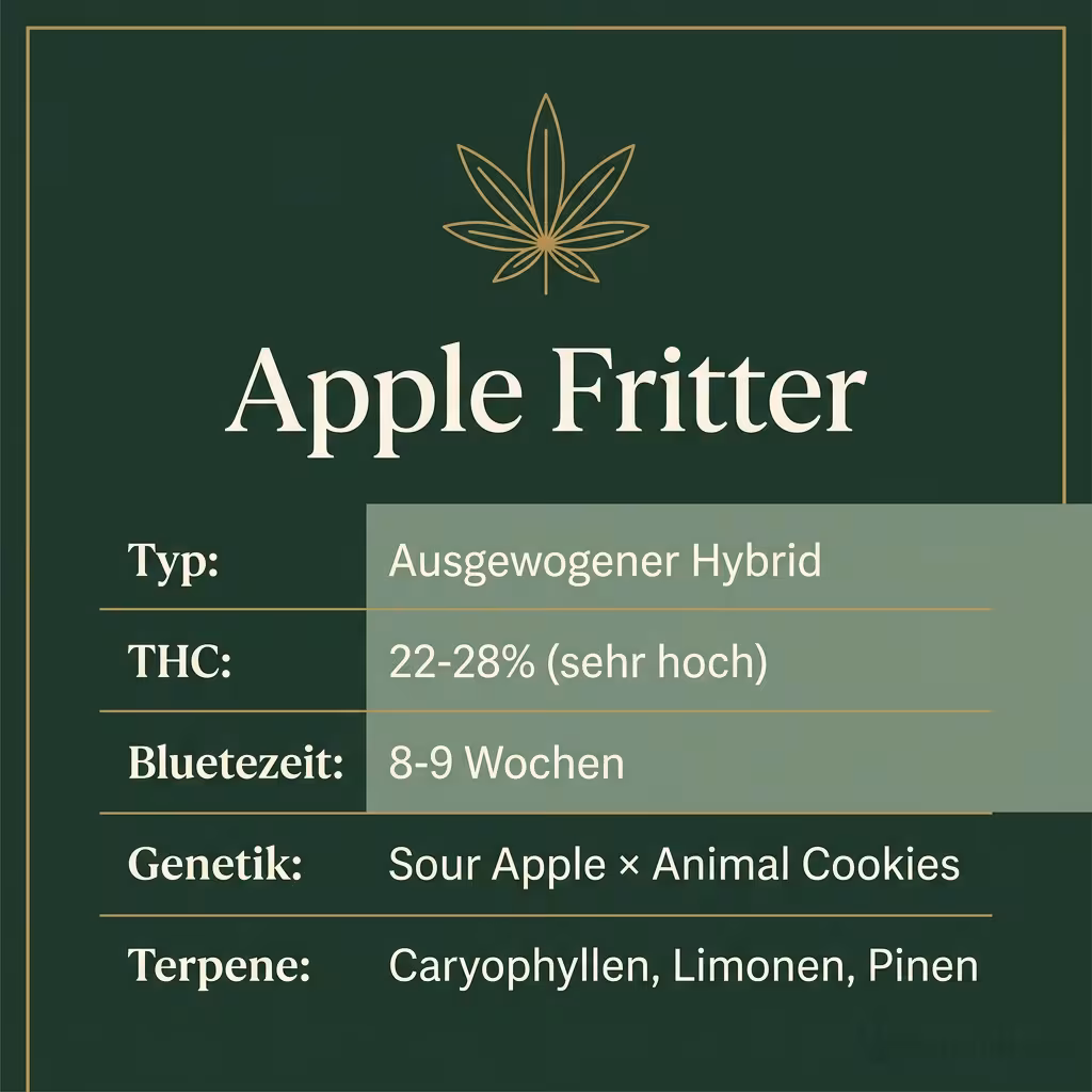 Infografik mit Apple-Fritter Key Facts: Typ ausgewogener Hybrid, THC 22-28%, Bluetezeit 8-9 Wochen, Genetik Sour Apple x Animal Cookies und Terpene Caryophyllen, Limonen, Pinen