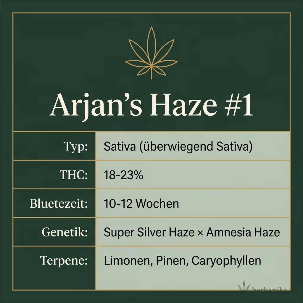 Infografik mit Arjan's Haze #1 Key Facts: Typ Sativa (überwiegend Sativa), THC 18-23%, Bluetezeit 10-12 Wochen, Genetik Super Silver Haze × Amnesia Haze und Terpene Limonen, Pinen, Caryophyllen