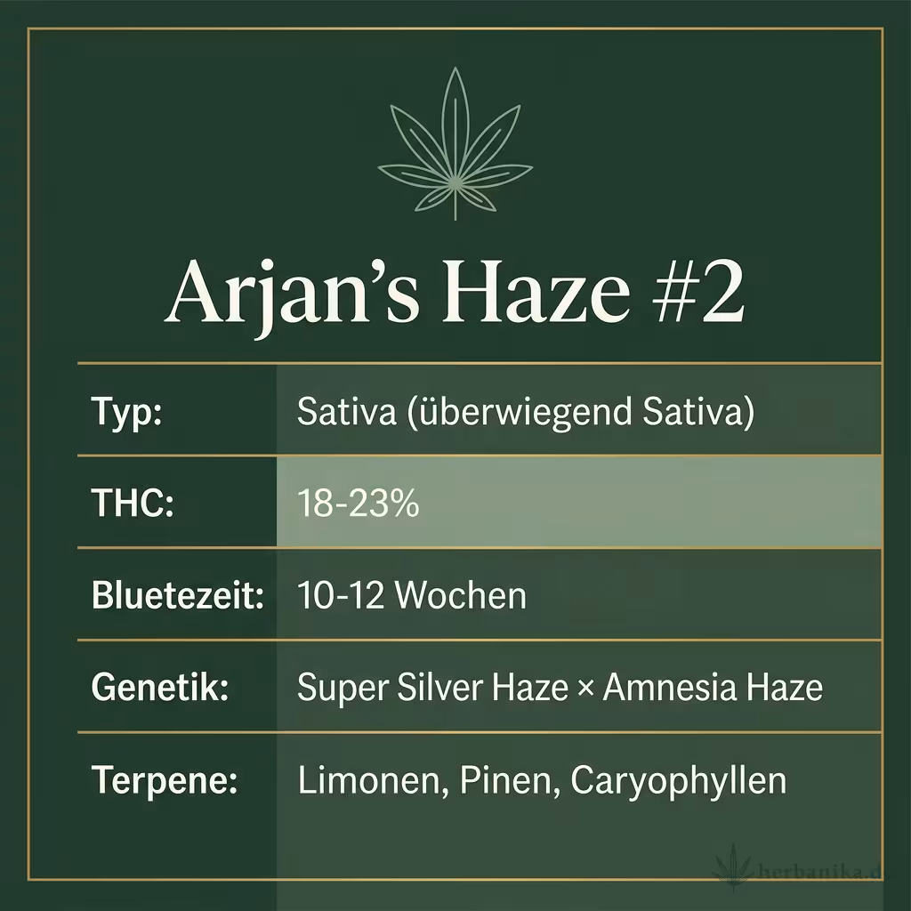 Infografik mit Arjan's Haze #2 Key Facts: Typ Sativa (überwiegend Sativa), THC 18-23%, Bluetezeit 10-12 Wochen, Genetik Super Silver Haze × Amnesia Haze und Terpene Limonen, Pinen, Caryophyllen