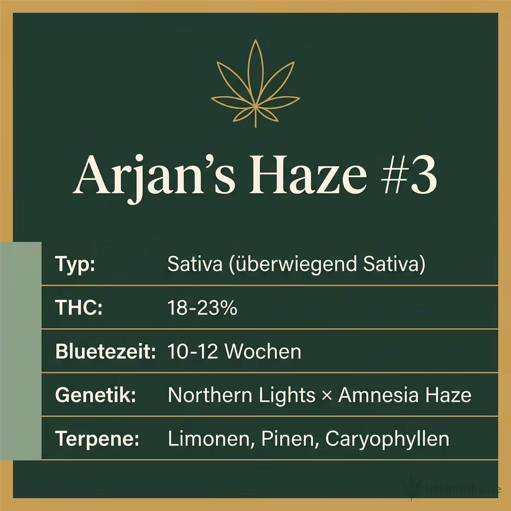 Infografik mit Arjan's Haze #3 Key Facts: Typ Sativa (überwiegend Sativa), THC 18-23%, Bluetezeit 10-12 Wochen, Genetik Northern Lights × Amnesia Haze und Terpene Limonen, Pinen, Caryophyllen