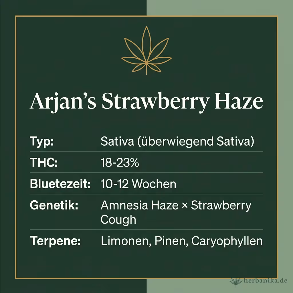 Infografik mit Arjan's Strawberry Haze Key Facts: Typ Sativa (überwiegend Sativa), THC 18-23%, Bluetezeit 10-12 Wochen, Genetik Amnesia Haze × Strawberry Cough und Terpene Limonen, Pinen, Caryophyllen