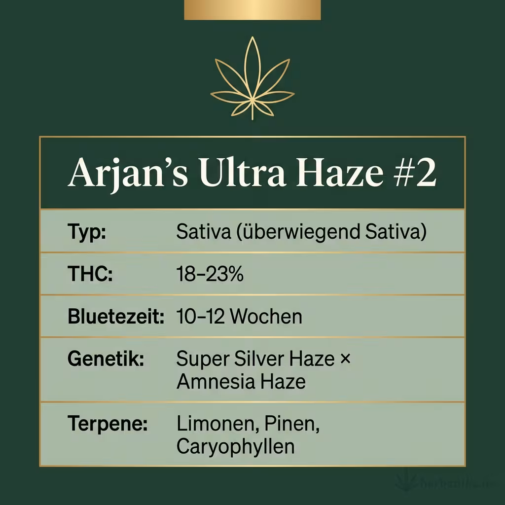 Infografik mit Arjan's Ultra Haze #2 Key Facts: Typ Sativa (überwiegend Sativa), THC 18-23%, Bluetezeit 10-12 Wochen, Genetik Super Silver Haze × Amnesia Haze und Terpene Limonen, Pinen, Caryophyllen