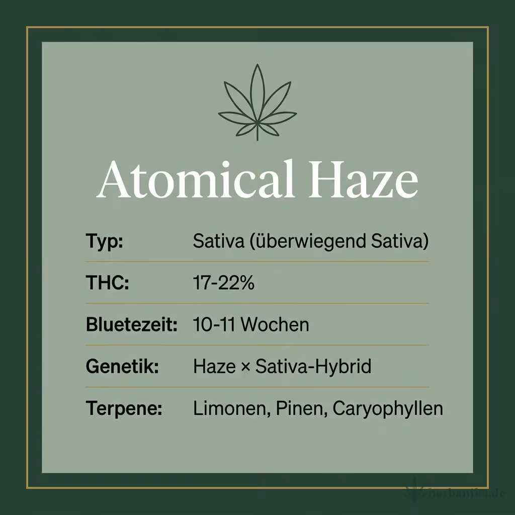 Infografik mit Atomical Haze Key Facts: Typ Sativa (überwiegend Sativa), THC 17-22%, Bluetezeit 10-11 Wochen, Genetik Haze × Sativa-Hybrid und Terpene Limonen, Pinen, Caryophyllen