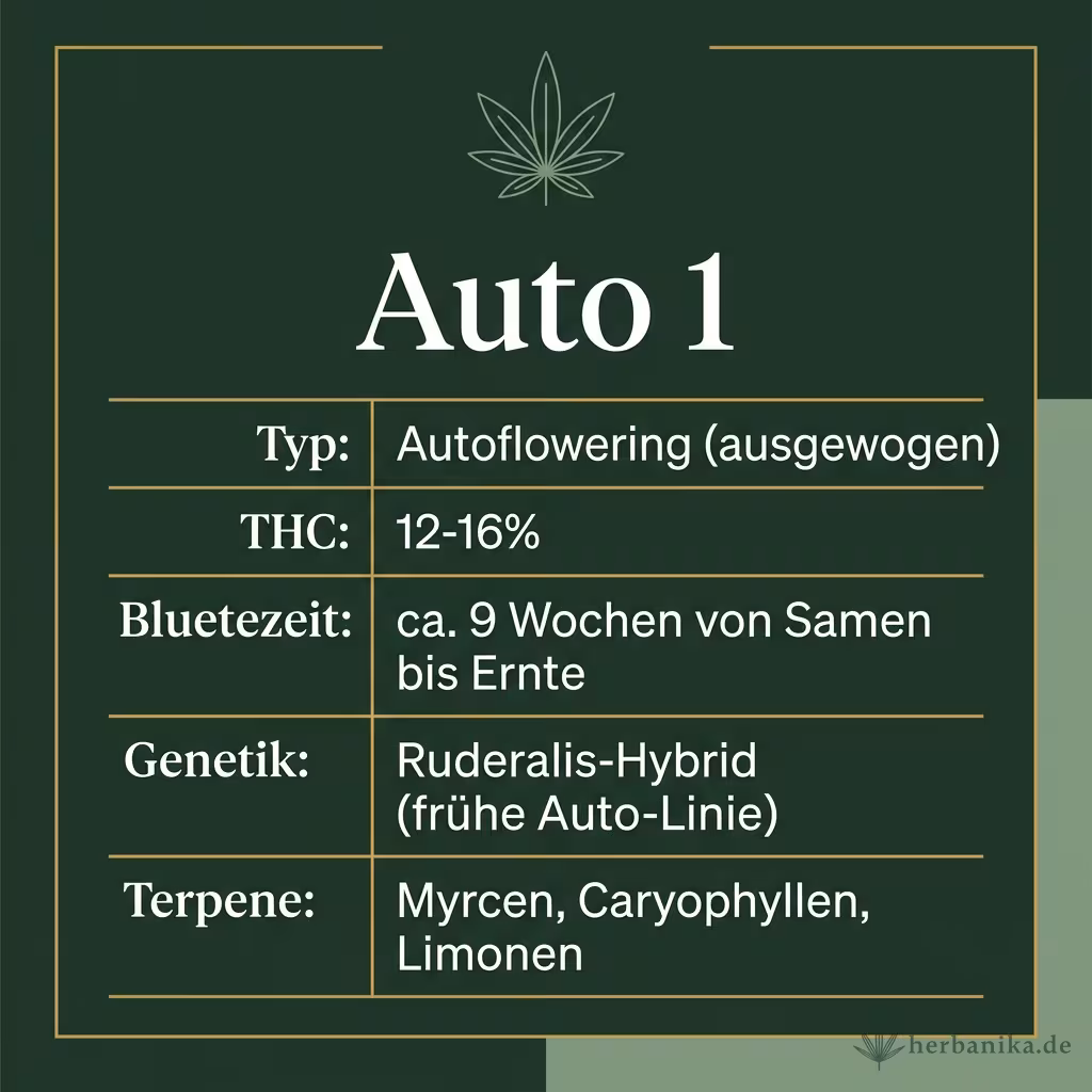 Infografik mit Auto 1 Key Facts: Typ Autoflowering (ausgewogen), THC 12-16%, Bluetezeit ca. 9 Wochen von Samen bis Ernte, Genetik Ruderalis-Hybrid (frühe Auto-Linie) und Terpene Myrcen, Caryophyllen, Limonen