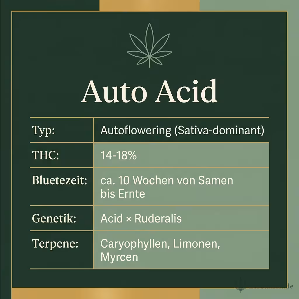 Infografik mit Auto Acid Key Facts: Typ Autoflowering (Sativa-dominant), THC 14-18%, Bluetezeit ca. 10 Wochen von Samen bis Ernte, Genetik Acid × Ruderalis und Terpene Caryophyllen, Limonen, Myrcen
