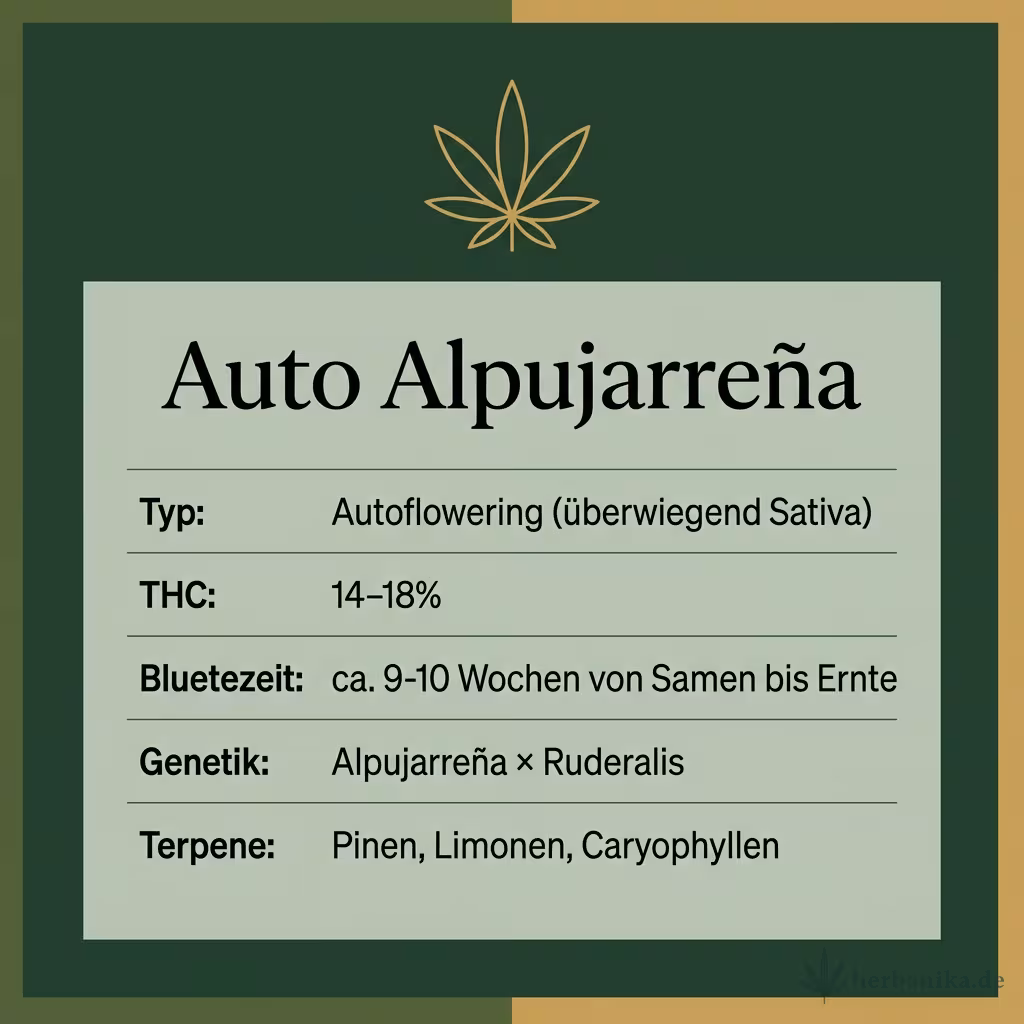 Infografik mit Auto Alpujarreña Key Facts: Typ Autoflowering (überwiegend Sativa), THC 14-18%, Bluetezeit ca. 9-10 Wochen von Samen bis Ernte, Genetik Alpujarreña × Ruderalis und Terpene Pinen, Limonen, Caryophyllen