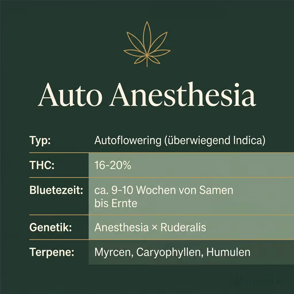 Infografik mit Auto Anesthesia Key Facts: Typ Autoflowering (überwiegend Indica), THC 16-20%, Bluetezeit ca. 9-10 Wochen von Samen bis Ernte, Genetik Anesthesia × Ruderalis und Terpene Myrcen, Caryophyllen, Humulen