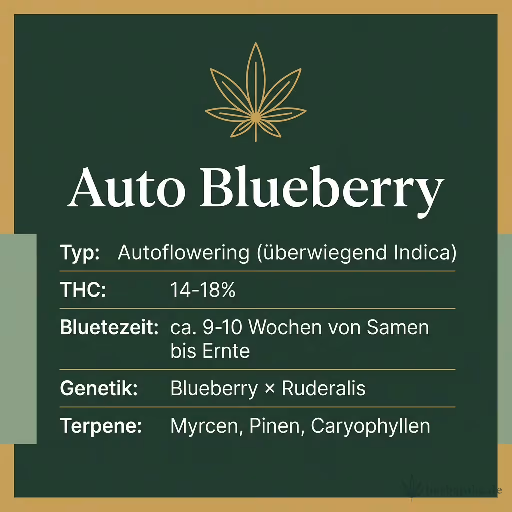 Infografik mit Auto Blueberry Key Facts: Typ Autoflowering (überwiegend Indica), THC 14-18%, Bluetezeit ca. 9-10 Wochen von Samen bis Ernte, Genetik Blueberry × Ruderalis und Terpene Myrcen, Pinen, Caryophyllen