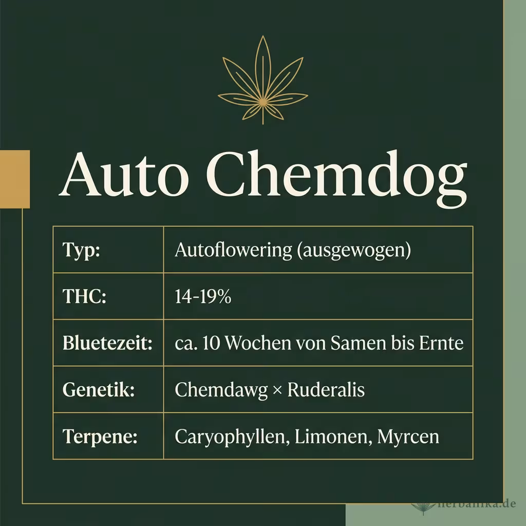 Infografik mit Auto Chemdog Key Facts: Typ Autoflowering (ausgewogen), THC 14-19%, Bluetezeit ca. 10 Wochen von Samen bis Ernte, Genetik Chemdawg × Ruderalis und Terpene Caryophyllen, Limonen, Myrcen
