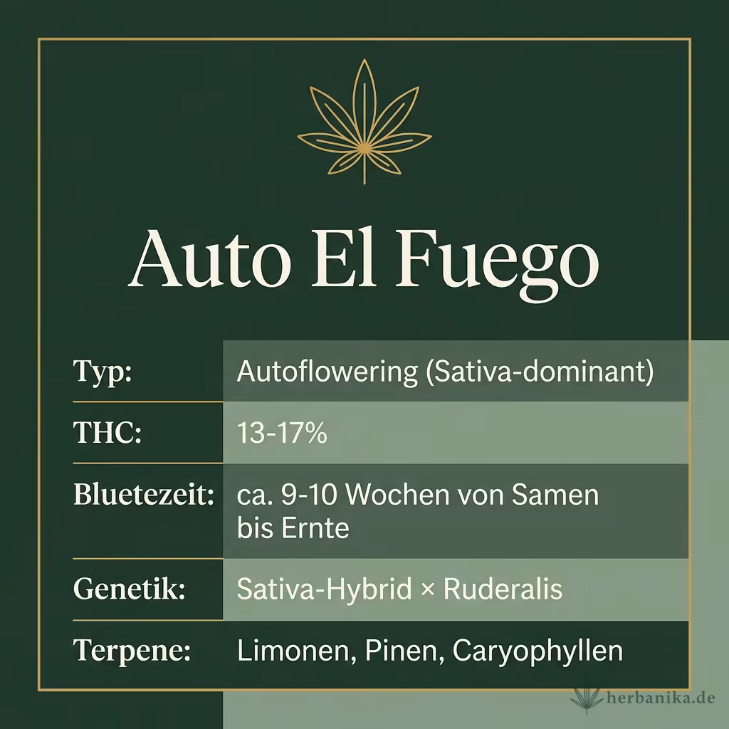 Infografik mit Auto El Fuego Key Facts: Typ Autoflowering (Sativa-dominant), THC 13-17%, Bluetezeit ca. 9-10 Wochen von Samen bis Ernte, Genetik Sativa-Hybrid × Ruderalis und Terpene Limonen, Pinen, Caryophyllen