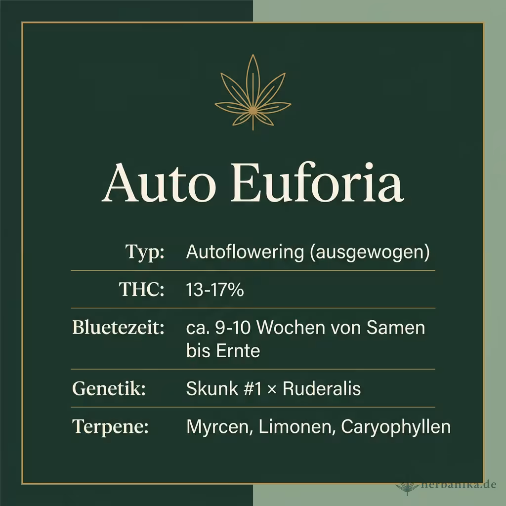 Infografik mit Auto Euforia Key Facts: Typ Autoflowering (ausgewogen), THC 13-17%, Bluetezeit ca. 9-10 Wochen von Samen bis Ernte, Genetik Skunk #1 × Ruderalis und Terpene Myrcen, Limonen, Caryophyllen