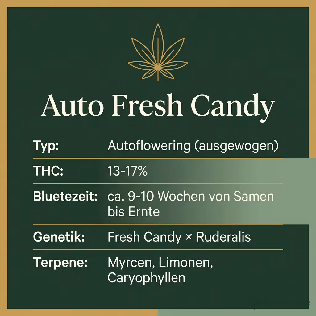 Infografik mit Auto Fresh Candy Key Facts: Typ Autoflowering (ausgewogen), THC 13-17%, Bluetezeit ca. 9-10 Wochen von Samen bis Ernte, Genetik Fresh Candy × Ruderalis und Terpene Myrcen, Limonen, Caryophyllen