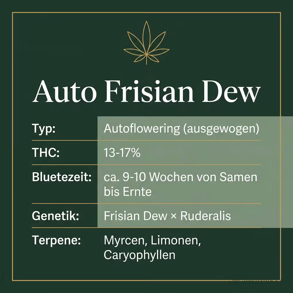 Infografik mit Auto Frisian Dew Key Facts: Typ Autoflowering (ausgewogen), THC 13-17%, Bluetezeit ca. 9-10 Wochen von Samen bis Ernte, Genetik Frisian Dew × Ruderalis und Terpene Myrcen, Limonen, Caryophyllen