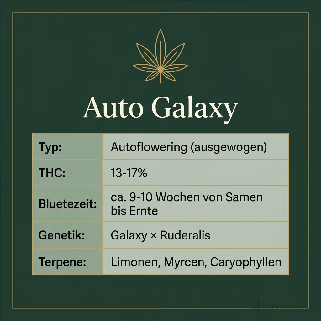 Infografik mit Auto Galaxy Key Facts: Typ Autoflowering (ausgewogen), THC 13-17%, Bluetezeit ca. 9-10 Wochen von Samen bis Ernte, Genetik Galaxy × Ruderalis und Terpene Limonen, Myrcen, Caryophyllen