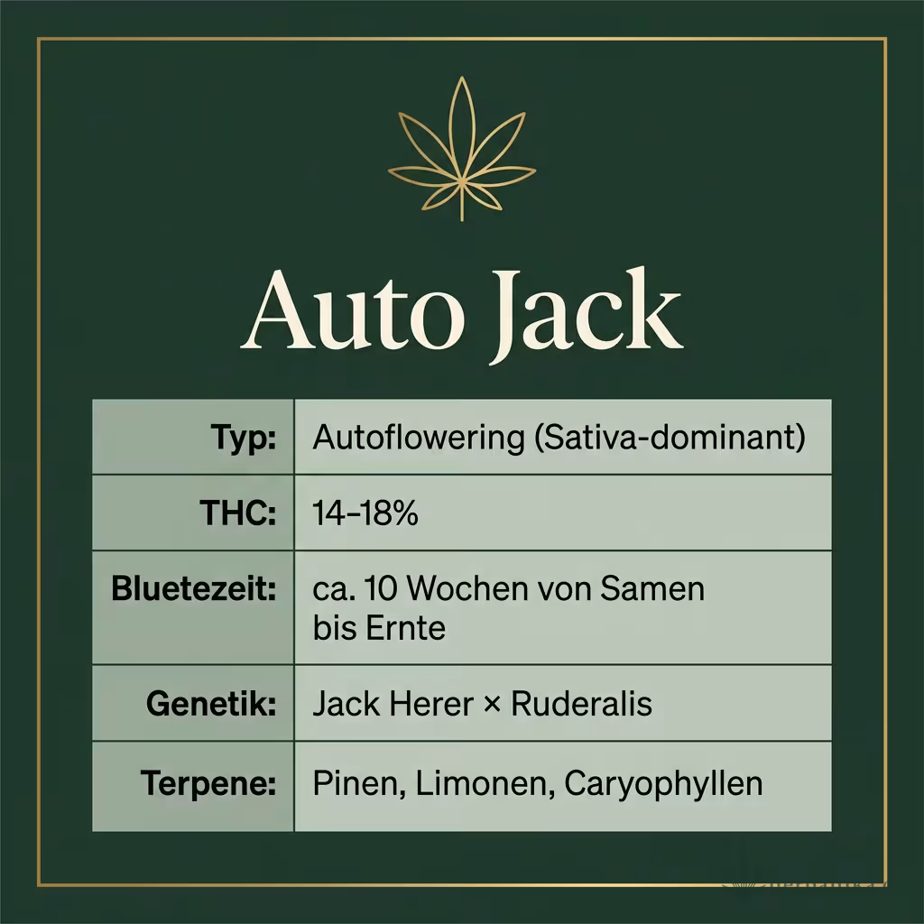 Infografik mit Auto Jack Key Facts: Typ Autoflowering (Sativa-dominant), THC 14-18%, Bluetezeit ca. 10 Wochen von Samen bis Ernte, Genetik Jack Herer × Ruderalis und Terpene Pinen, Limonen, Caryophyllen