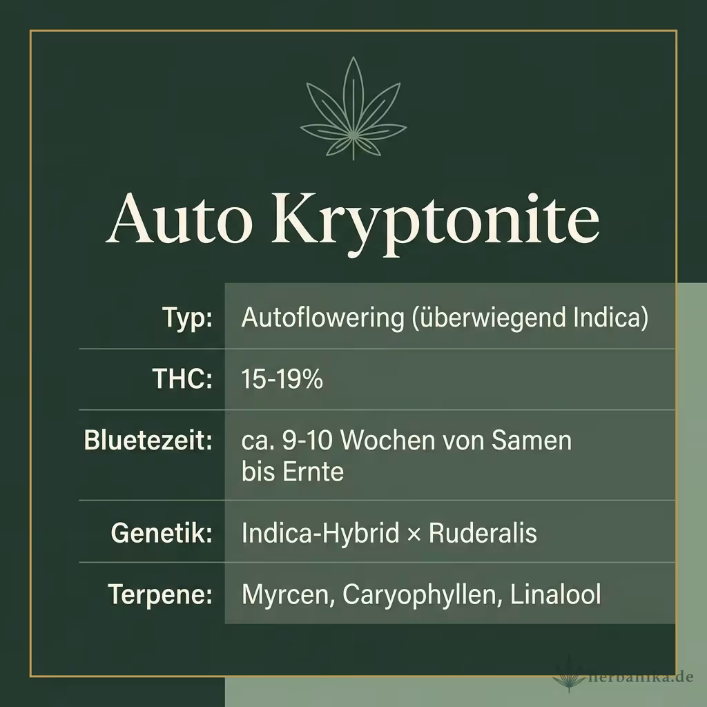 Infografik mit Auto Kryptonite Key Facts: Typ Autoflowering (überwiegend Indica), THC 15-19%, Bluetezeit ca. 9-10 Wochen von Samen bis Ernte, Genetik Indica-Hybrid × Ruderalis und Terpene Myrcen, Caryophyllen, Linalool