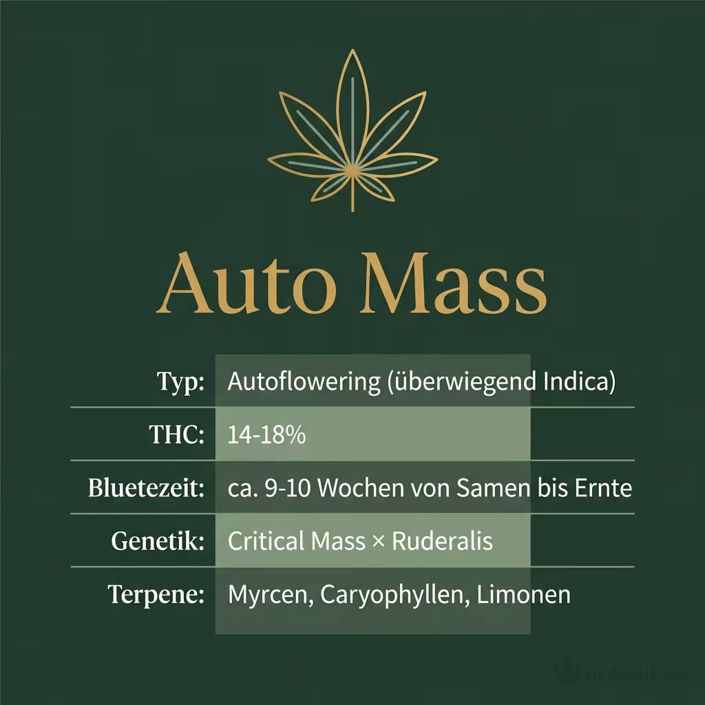 Infografik mit Auto Mass Key Facts: Typ Autoflowering (überwiegend Indica), THC 14-18%, Bluetezeit ca. 9-10 Wochen von Samen bis Ernte, Genetik Critical Mass × Ruderalis und Terpene Myrcen, Caryophyllen, Limonen