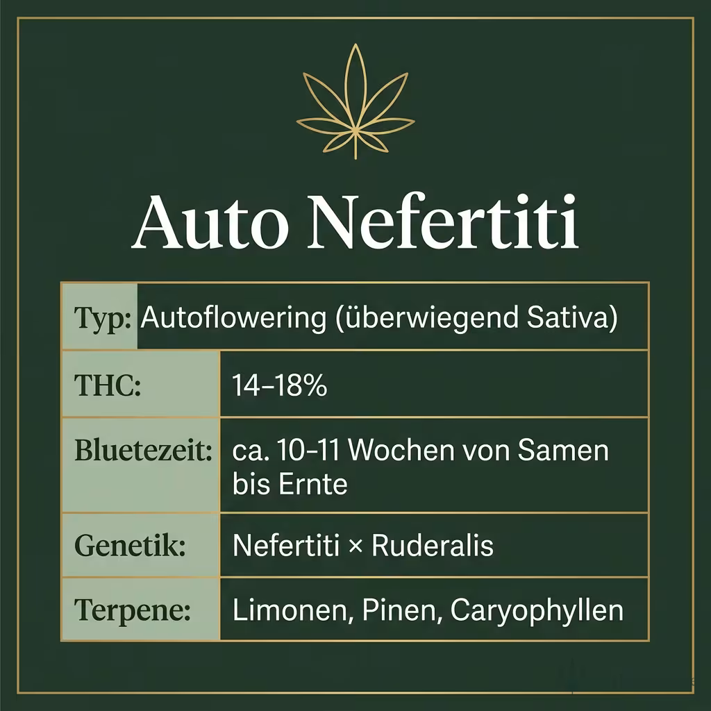 Infografik mit Auto Nefertiti Key Facts: Typ Autoflowering (überwiegend Sativa), THC 14-18%, Bluetezeit ca. 10-11 Wochen von Samen bis Ernte, Genetik Nefertiti × Ruderalis und Terpene Limonen, Pinen, Caryophyllen
