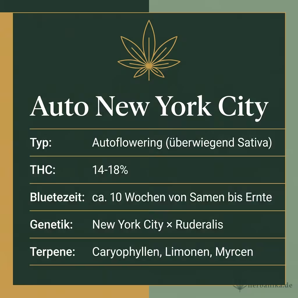 Infografik mit Auto New York City Key Facts: Typ Autoflowering (überwiegend Sativa), THC 14-18%, Bluetezeit ca. 10 Wochen von Samen bis Ernte, Genetik New York City × Ruderalis und Terpene Caryophyllen, Limonen, Myrcen