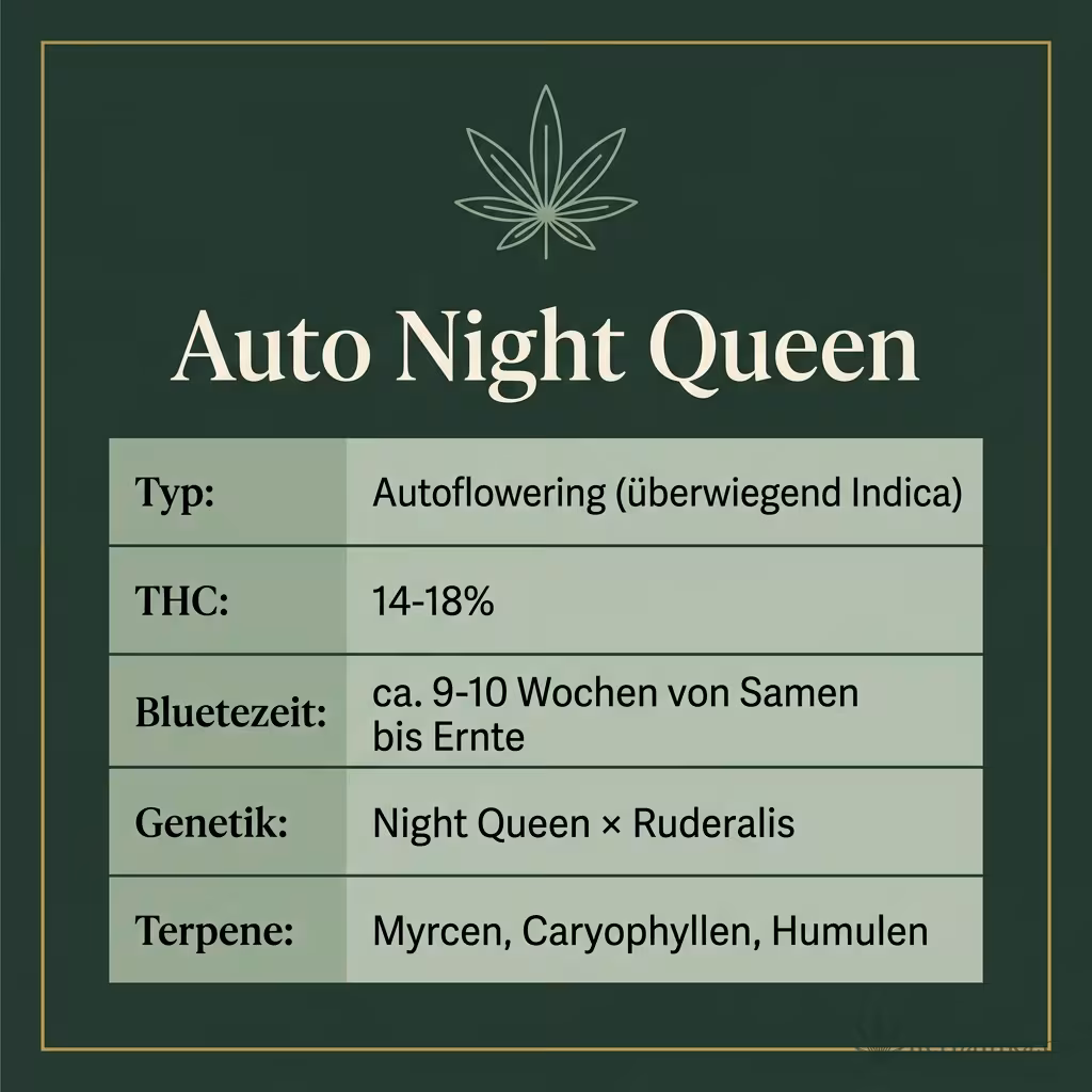 Infografik mit Auto Night Queen Key Facts: Typ Autoflowering (überwiegend Indica), THC 14-18%, Bluetezeit ca. 9-10 Wochen von Samen bis Ernte, Genetik Night Queen × Ruderalis und Terpene Myrcen, Caryophyllen, Humulen