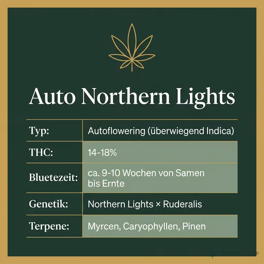 Infografik mit Auto Northern Lights Key Facts: Typ Autoflowering (überwiegend Indica), THC 14-18%, Bluetezeit ca. 9-10 Wochen von Samen bis Ernte, Genetik Northern Lights × Ruderalis und Terpene Myrcen, Caryophyllen, Pinen