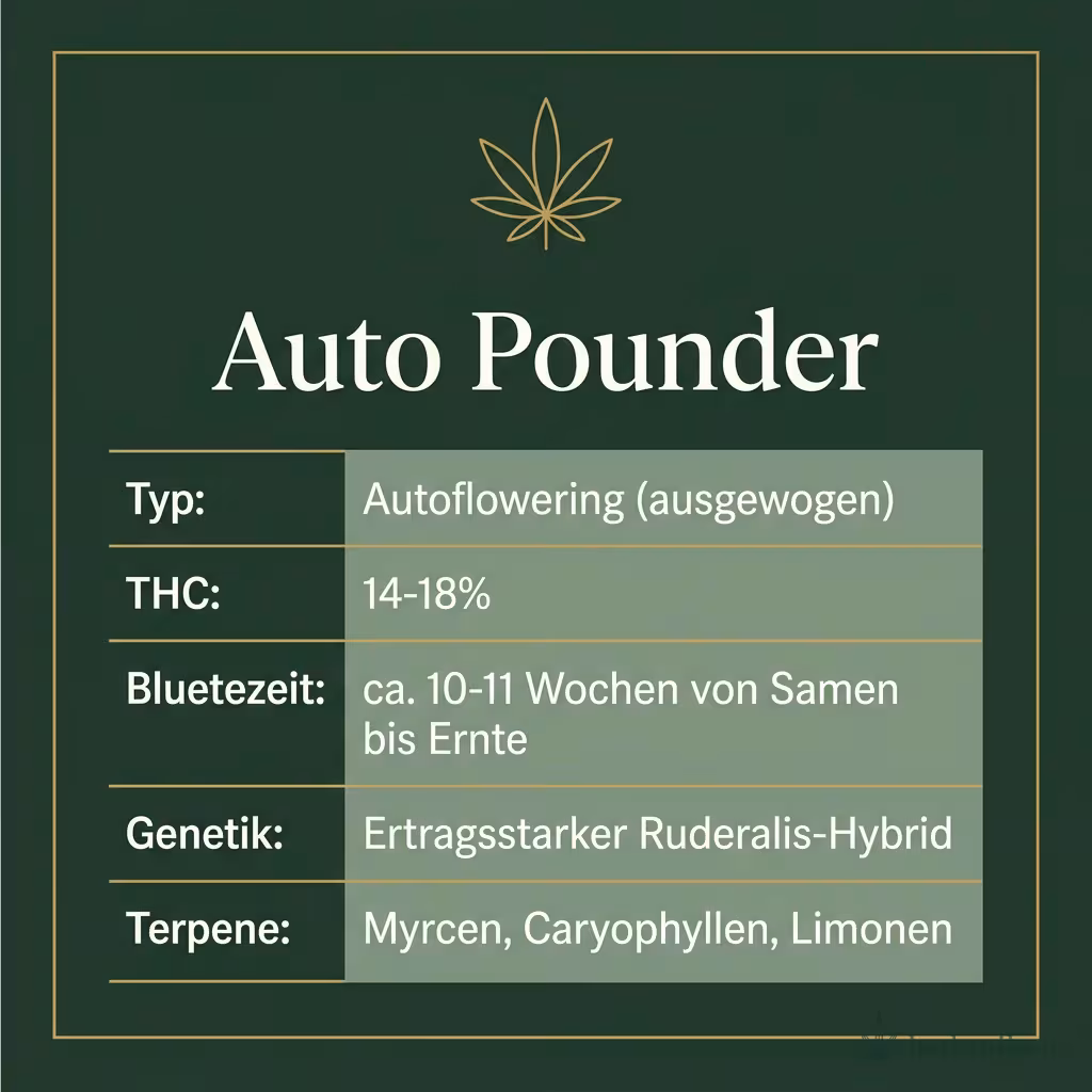 Infografik mit Auto Pounder Key Facts: Typ Autoflowering (ausgewogen), THC 14-18%, Bluetezeit ca. 10-11 Wochen von Samen bis Ernte, Genetik Ertragsstarker Ruderalis-Hybrid und Terpene Myrcen, Caryophyllen, Limonen